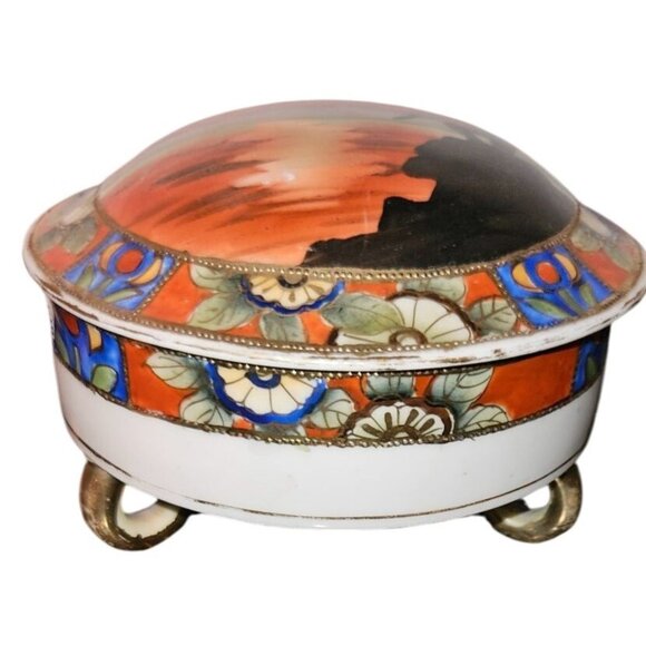 Vintage Jewelry Trinket Box Nippon Porcelain Footed Hand-Painted With Lid - Picture 2 of 7